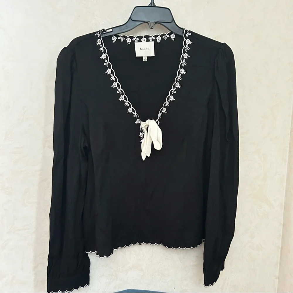 Reformation Black V-Neck Long Sleeve Blouse with White Ribbon & Embroidered Trim